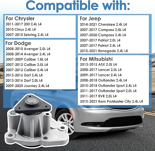 Miniatura 2 de KITONLA Bomba de agua apta para Chrysler 200 Sebring, Jeep 07-20 CompassPatriot 2.0L 2.4L, 14-21 CherokeeRenegade 2.4L, Dodge 09-20 Journey Avenger