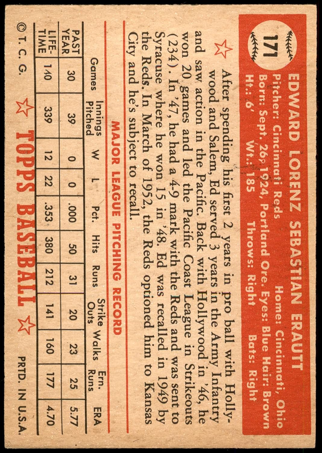 1952 Topps #171 CRM Ed Erautt Cincinnati Reds (Baseball Card) (Cream Back) VG/EX Reds