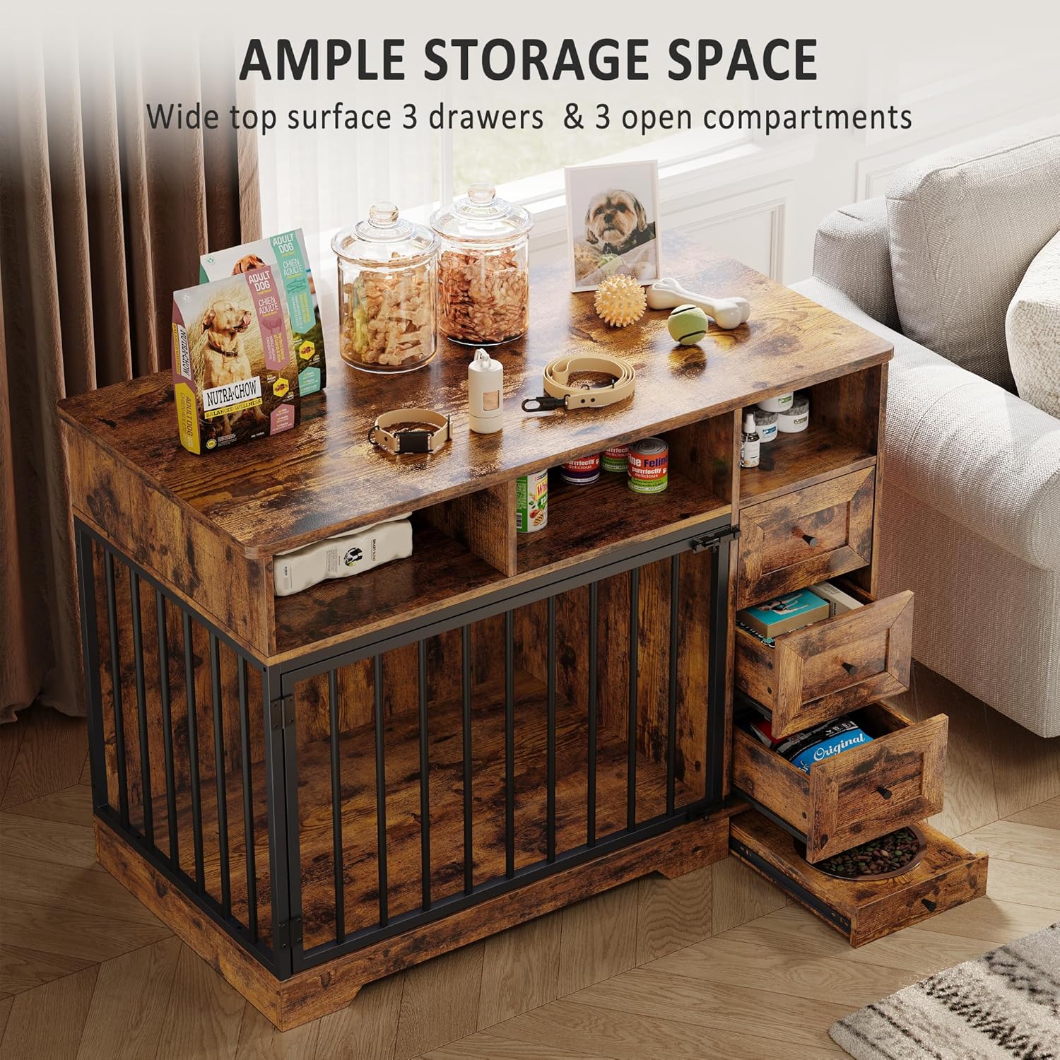 48 Inch Dog Crate Furniture with Pull-Out Feeding Bowl, Heavy Duty Dog Kennel with 3 Drawers & Storage Shelves, Large Dog Cage End Table, Wooden Pet Crate Indoor, Farmhouse Style