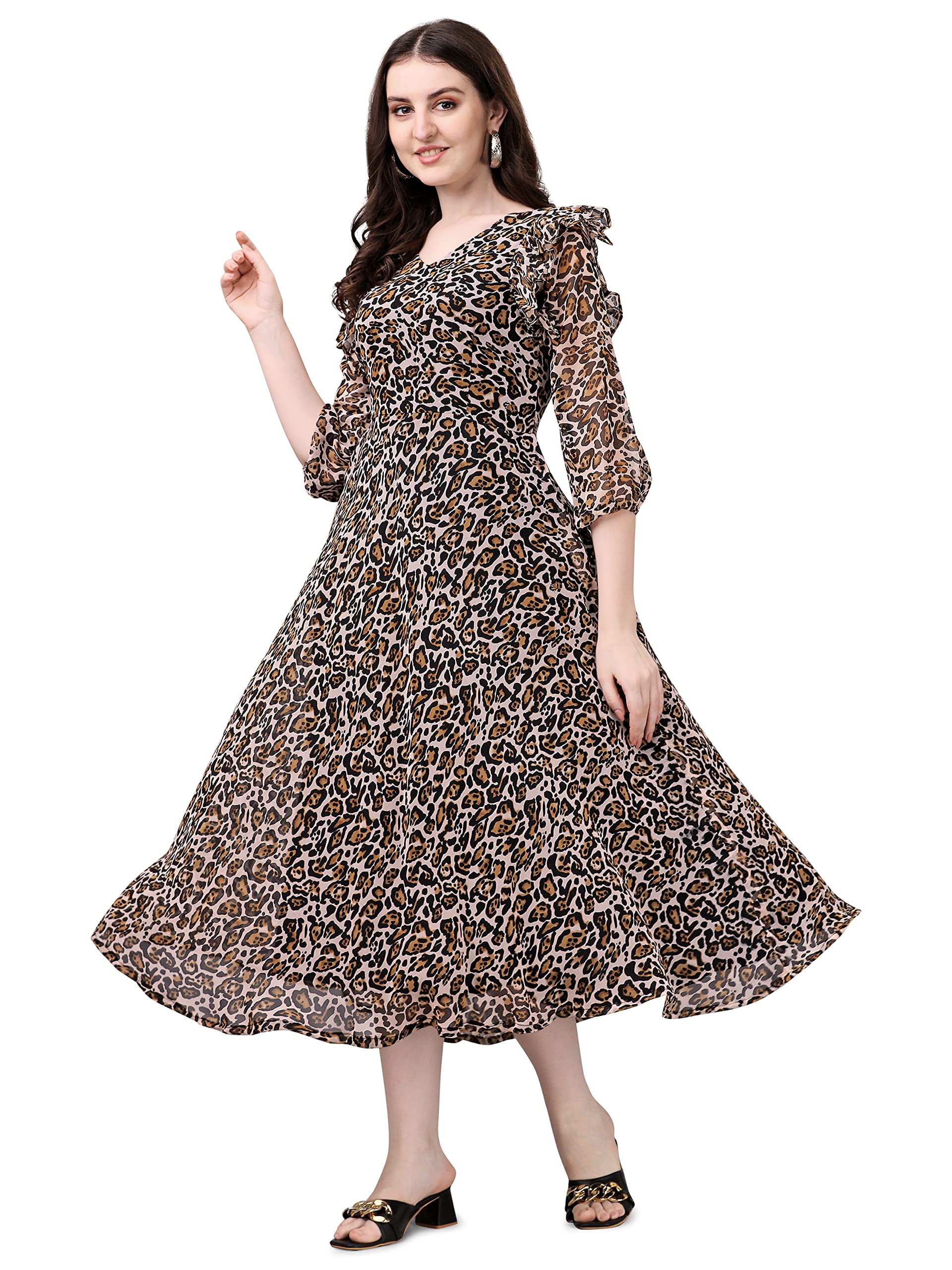 fashion2wear Women's Georgette Midi Dress with Round Neck Floral Printed A Line Style Knee Length 3/4th Puff Sleeves and Regular Fit-picture-23