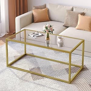 SAYGOER Gold Coffee Table Glass Coffee Tables Modern Rectangular Center Table Simple Minimalist Sofa Table for Living Room