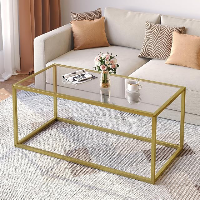 SAYGOER Gold Coffee Table Glass Coffee Tables Modern Rectangular Center Table Simple Minimalist Sofa Table for Living Room