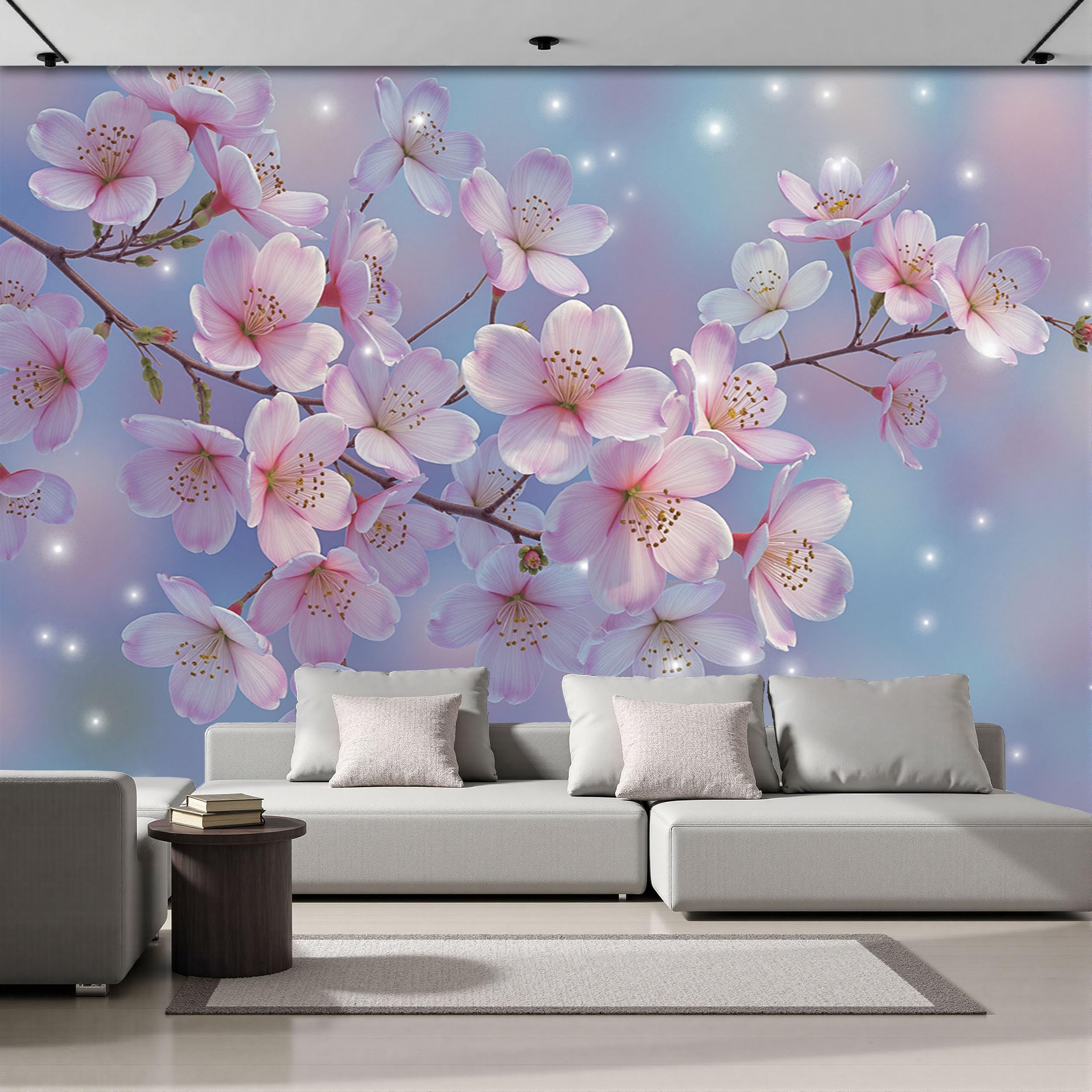 Papier peint panoramique bleu poudré 350x256 cm motif fleurs cerisier 3D
