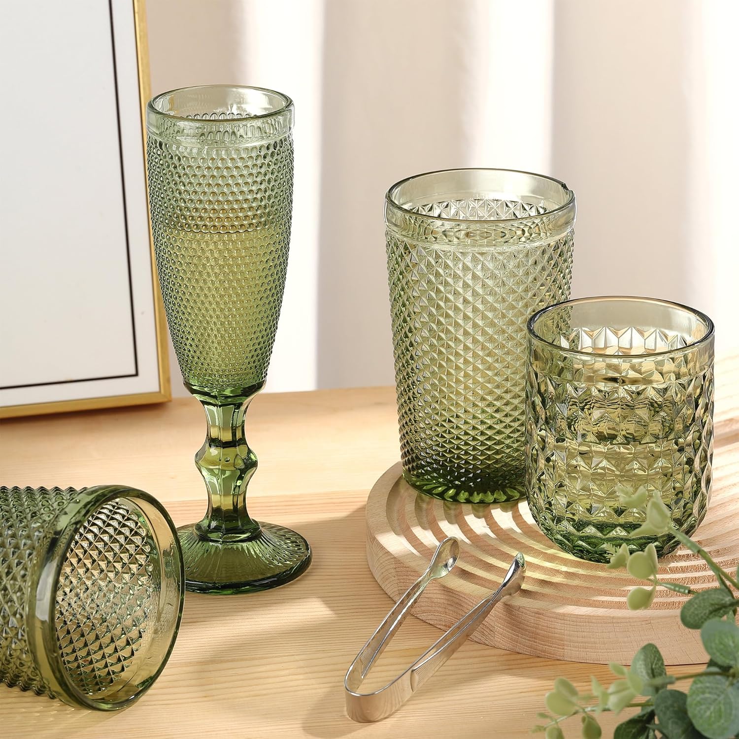 Joeyan Green Vintage Champagne Flutes Glasses Cups,Embossed Colored Toasting Goblet Glasses,Stemmed Hobnail Beaded Glassware for Wedding Anniversary Birthday Party,5 oz,Set of 4,Dishwasher Safe - Image 6