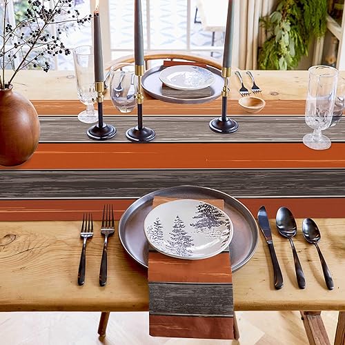 Miniatura 236 de Camino de mesa de algodón y lino estilo granja rústico retro, textura de madera de granero, color degradado marrón y gris, antideslizante,