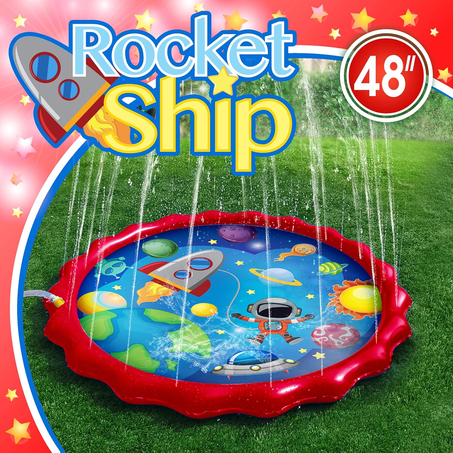 48" Sprinkler Mat – Premium Splash Pad – Outdoor Toddler Toys - Water Hose Games for Kids Ages 3 and Up – Splash Pad for Kids Extra Large - Fun Backyard Fountain Play Mat (Rocket Ship)
