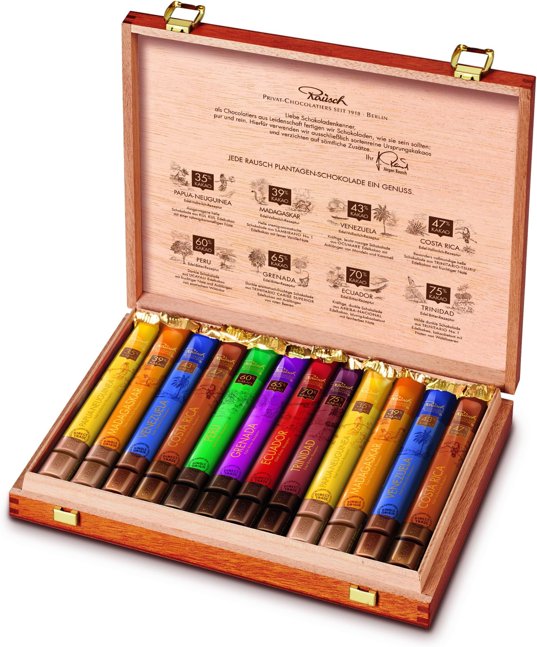 Rausch Plantagenwelt Holztruhe mit 24 Sticks, Edel-Vollmilch- und Edel-Bitter Schokolade, 8 Sorten, 1er Pack (1 x 960 g)