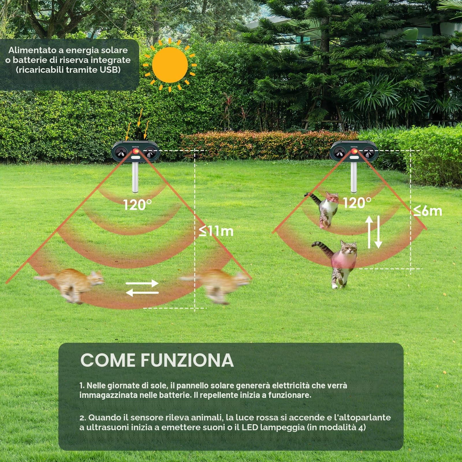 Cowiewie 2 Pezzi Repellente per Gatti da Esterno a Ultrasuoni e Flash LED, Ricarica Solare e USB, Repellente per Gatti Impermeabile per Giardini e Campi - Facile da Installare (verde)