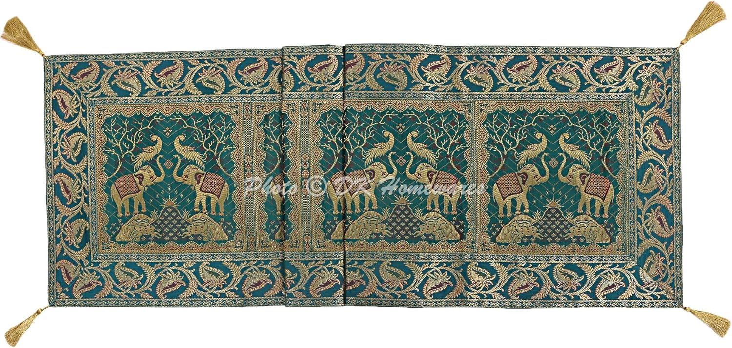 Ethnic Indian Birthday Party Elephant Tassel Work Table Cloth Green Gold Brocade Satin 150 X 40 Cm Dining Decor 5 Ft Centerpiece (60 X 16 Inches)