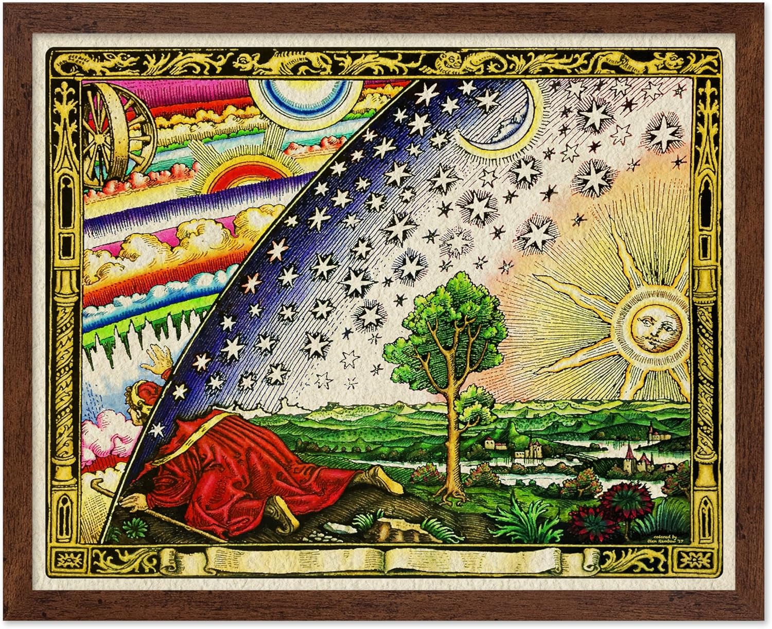 Poster Master Ancient Astronomy Poster - Vintage Cosmogony Print - Gift for Artist, Friend - Flammarion Engraving, Firmament Dome - Wall Decor for Home, Dorm, 11x14 Brown Framed