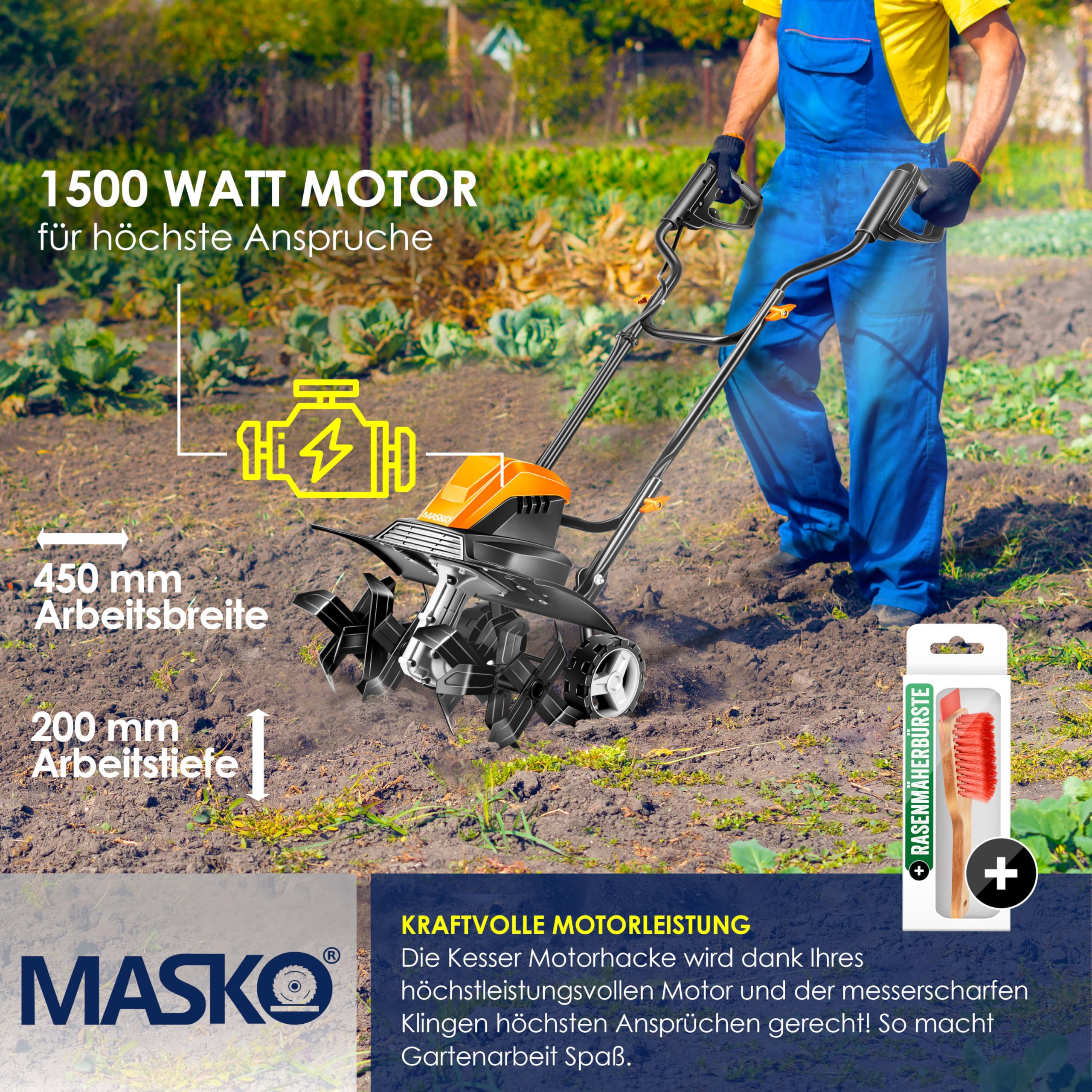 MASKO® Motozappa elettrica 1500W | larghezza di lavoro 45 cm - profondità di lavoro 20 cm | zappatrice per terreno | fresatrice agricola - coltivatore - fresa da giardino | zappatrice elettrica