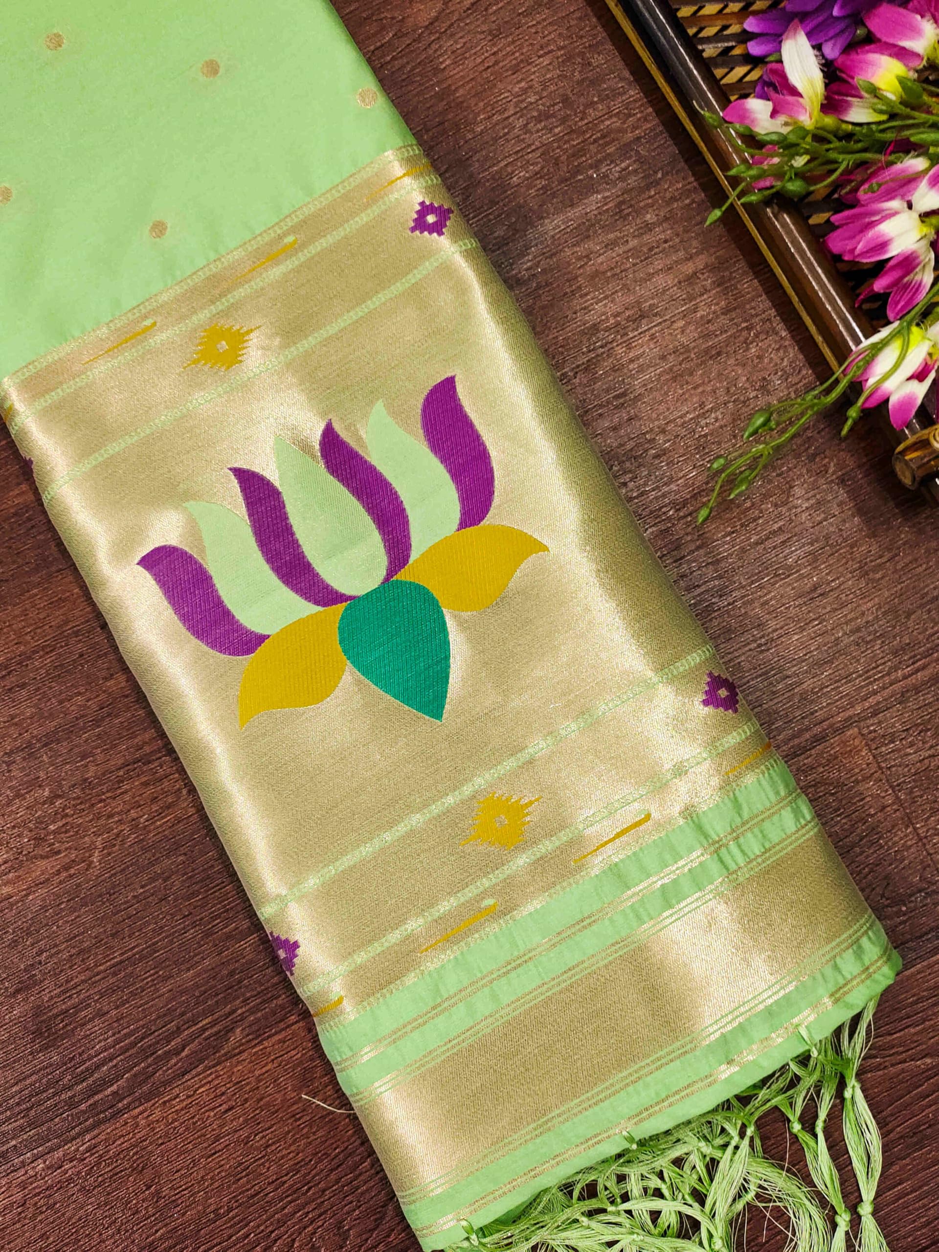 DEVANGI Women's Woven Banarasi Silk Dupatta/Chunni For Women, Floral Print 1 Meter Wide and 2.3 Meter Length Printed Designer Dupatta/Chunni For Girls(OM-DT-67-PISTA) - Image 2 thumbnail