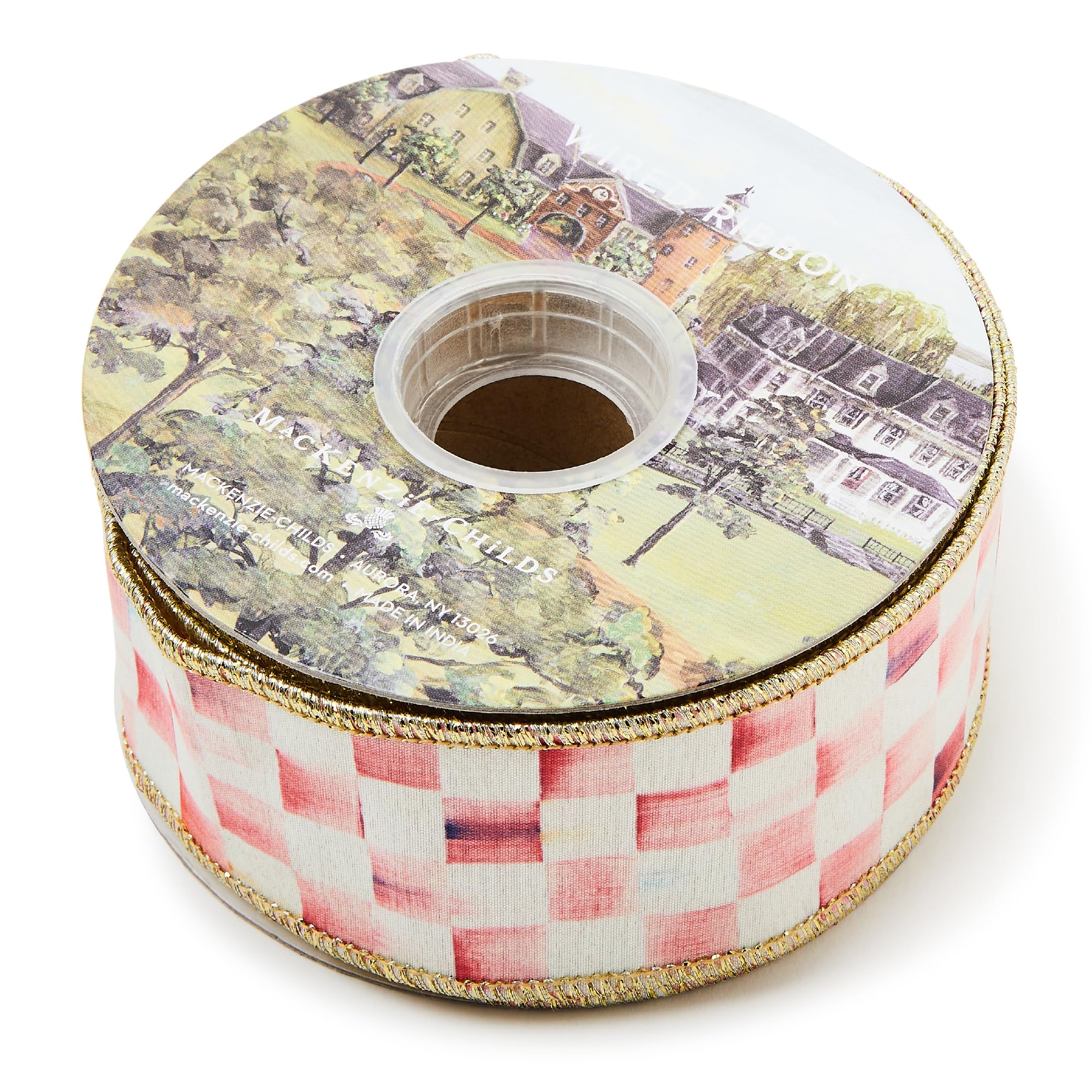 MACKENZIE-CHILDS Ribbon, Wired Ribbon for Christmas Gift-Wrapping and Decor, 2" Wide, Pink-and-White Rosy Check