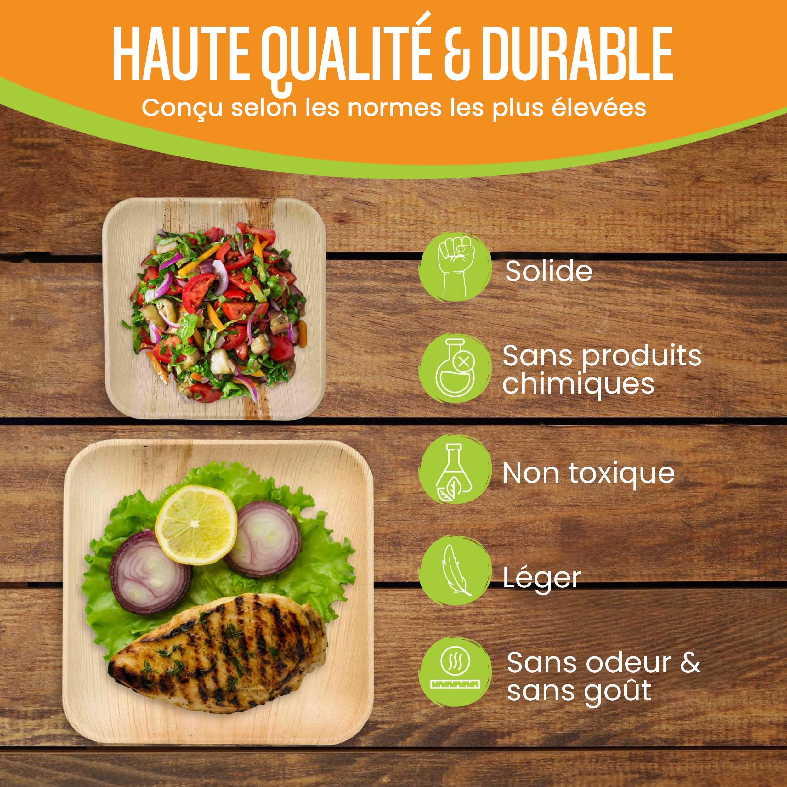 Raj Assiettes en Feuille de Palmier [Lot de 50] Assiettes Carrées 25 cm & 18 cm - Vaisselle Jetable Solide et Élégante pour Fêtes, Mariages, BBQ, Camping et Pique-niques