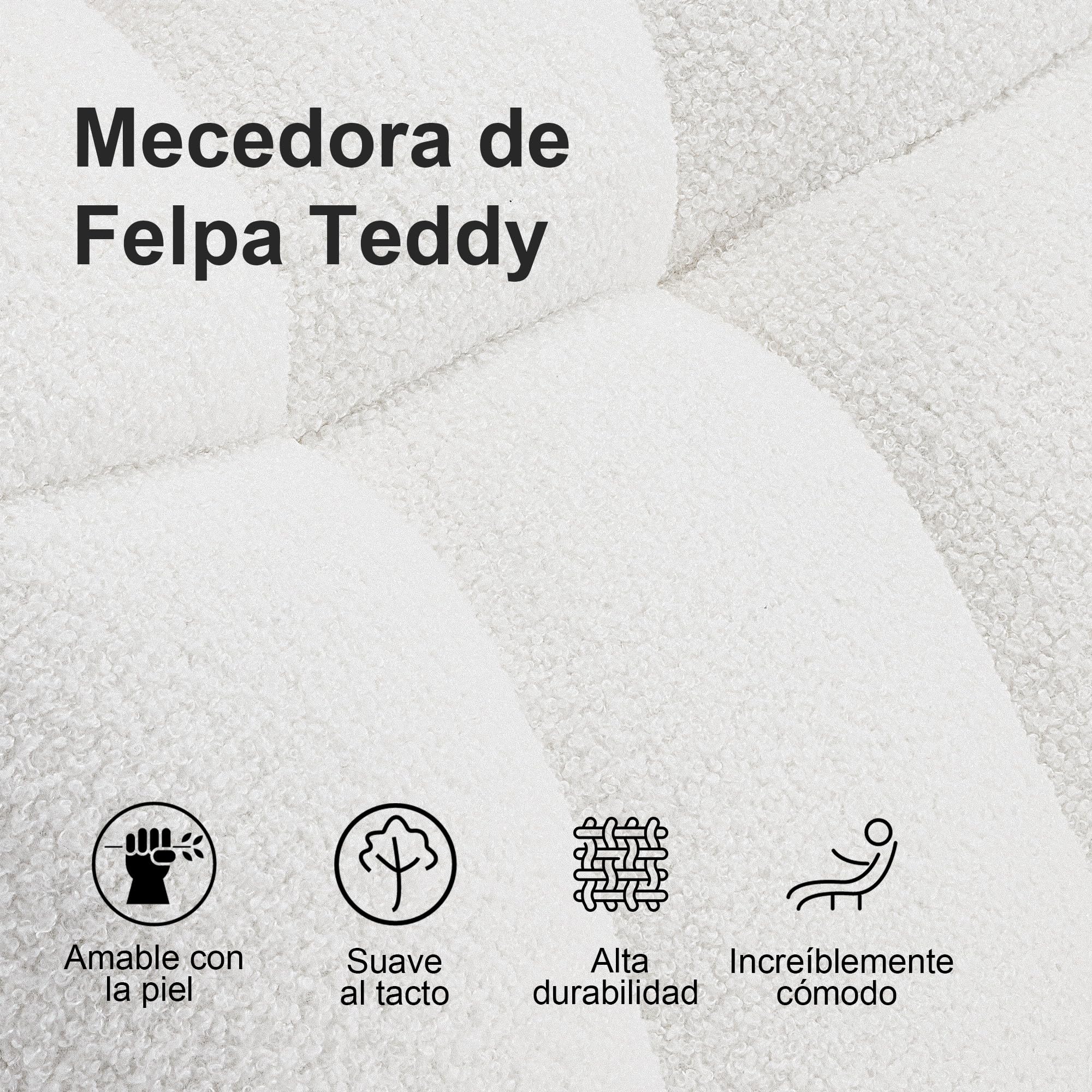 Silla Mecedora para Lactancia, Sillón Balancín Teddy Tapizado en Peluche Suave con Base de Madera Silla de Relax Cómoda con Brazos para Sala, Dormitorio y Habitación Infantil Blanca