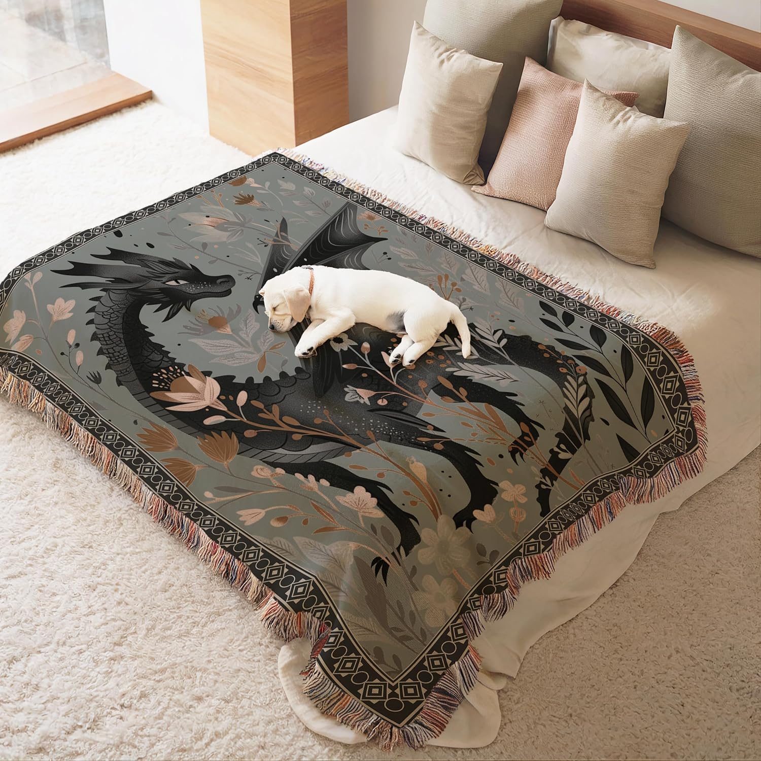 Boho Black Dragon Woven Blanket – 100% Cotton Floral Fantasy Throw, Cottagecore Bookish Decor, Made in USA, 3 Sizes - Image 7