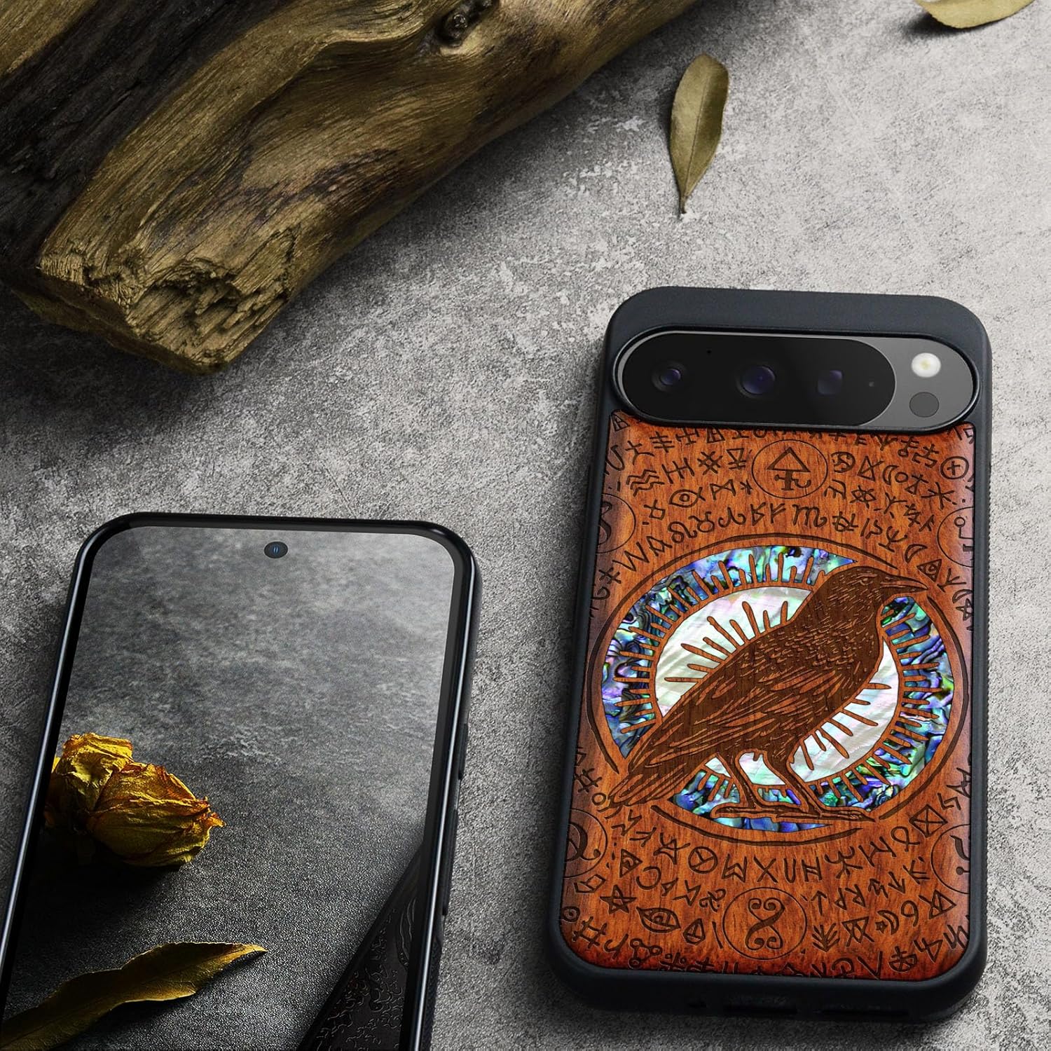 Carveit Magnetic Wooden Case for Google Pixel 9 Pro XL Case, Wood Artisan Engraved & Handmade Shell Inlaid, Compatible with MagSafe Wireless Chargers, Haloed Crow - Rosy