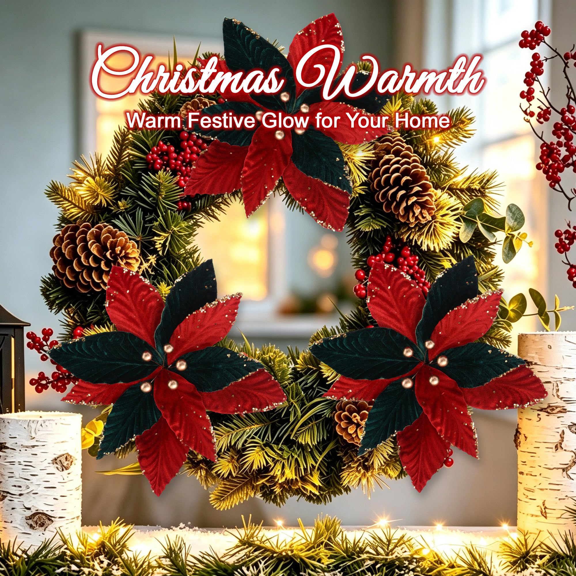 WANDIC 8pcs Fleurs artificielles Fleurs de Noël Tissu de Velours Rouge et Vert de Noël 28CM