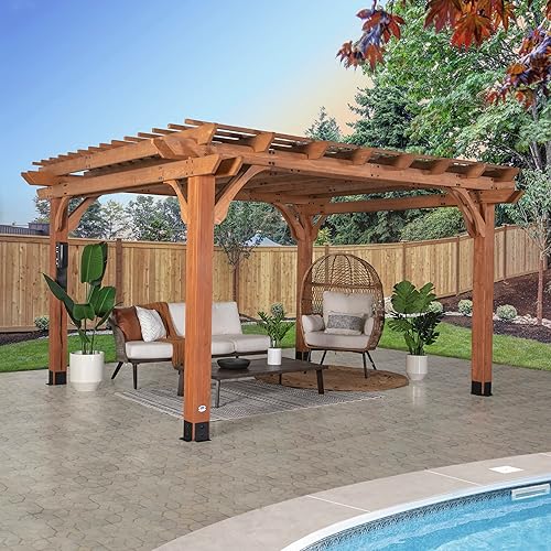 Miniatura 19 de Backyard Discovery Beaumont - Kit de pérgola tradicional de madera de cedro de 14 x 10 pies con techo enrejado, durabilidad para todas las Marrón