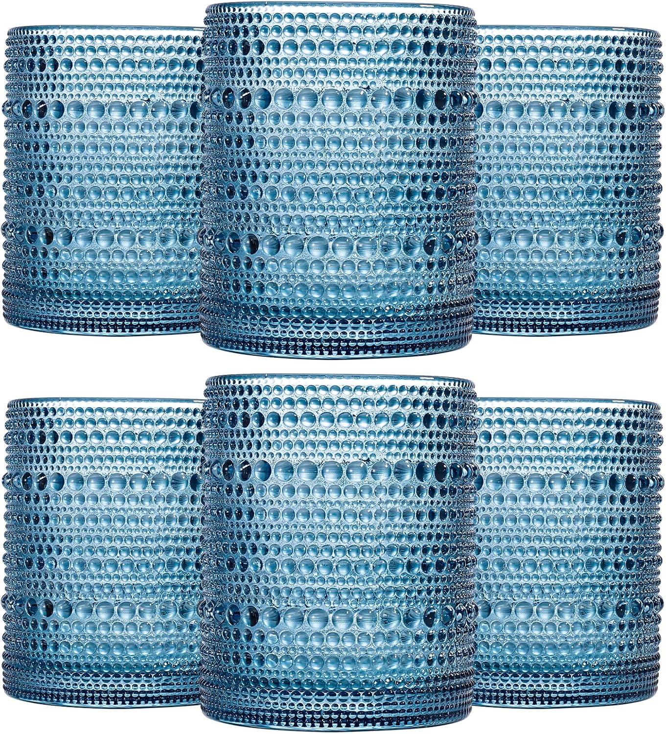 JOVGANK Blue Vintage Hobnail Drinking Glasses Set of 6, Embossed Water Tumbler 12oz, Kitchen & Bar Beaded Glass Cups, Beverage Glass Cups for Water, Beer, Juice, Christmas and New Year gifts