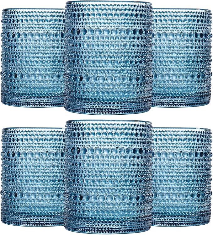 Blue Vintage Hobnail Drinking Glasses Set of 6, Embossed Water Tumbler 12oz, Kitchen & Bar Beaded Glass Cups, Beverage Glass Cups for Water, Beer, Juice, Christmas and New Year gifts