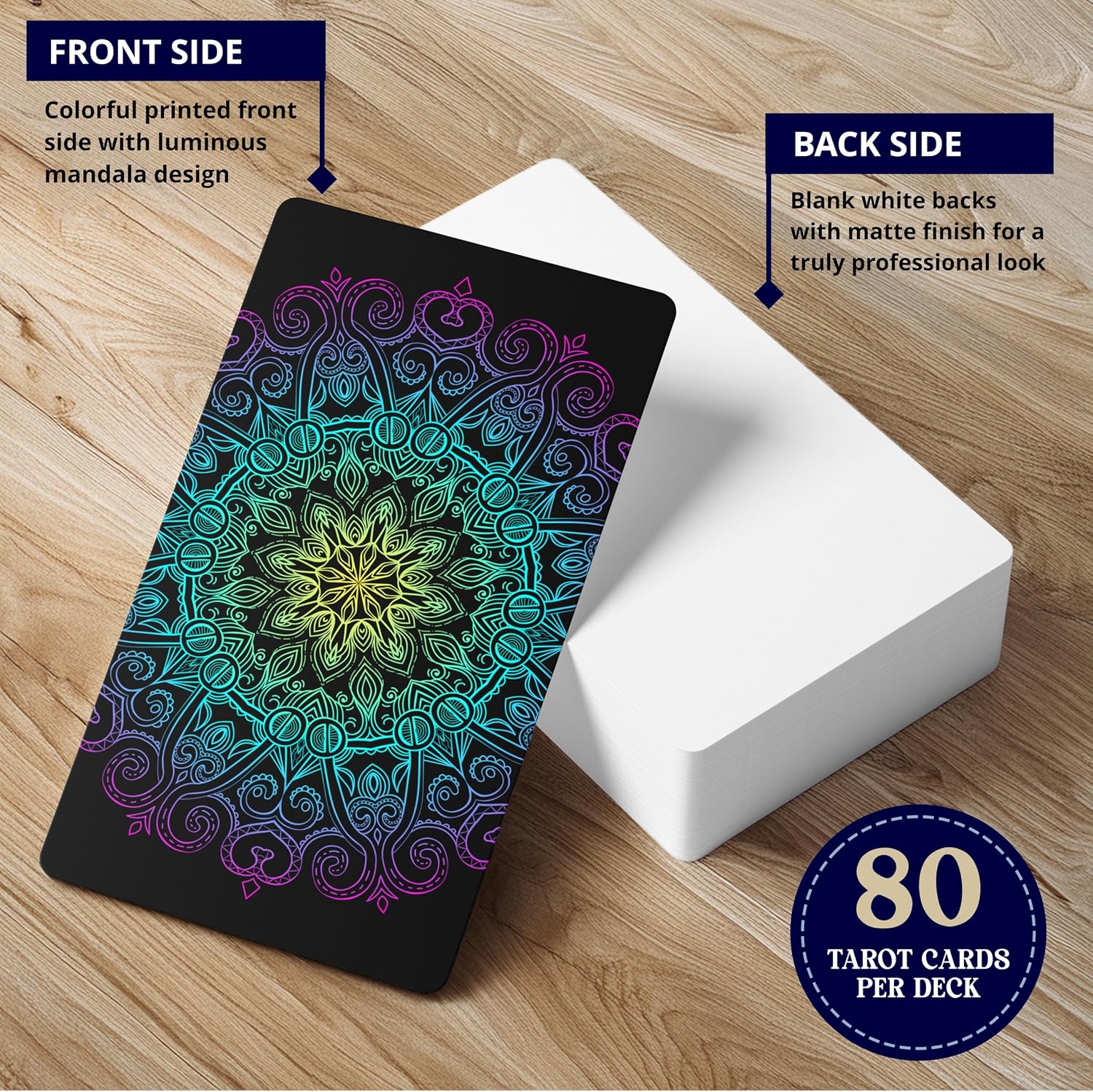 Blank Tarot Cards - 80-Card Deck with Mandala of Light Sacred Geometry Print - Customizable White Backs for Oracle, Affirmation, Manifestation, and Divination - Standard Tarot Size (2.75” x 4.75”)