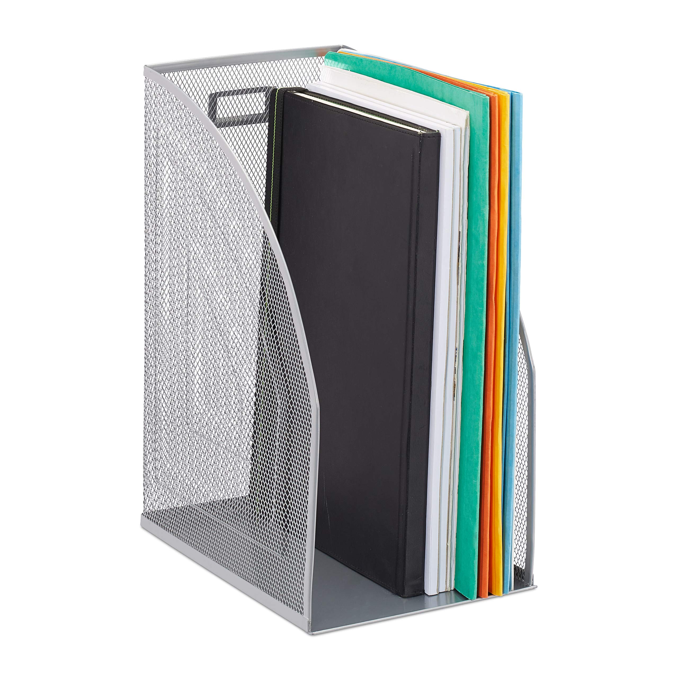 Relaxdays 4 x metalowy segregator stojący DIN A4, segregator stojący, szeroki, siatka, organizer na czasopisma, wymiary (wys. x szer. x gł.): 32 x 16 x 24,5 cm, kolor srebrny