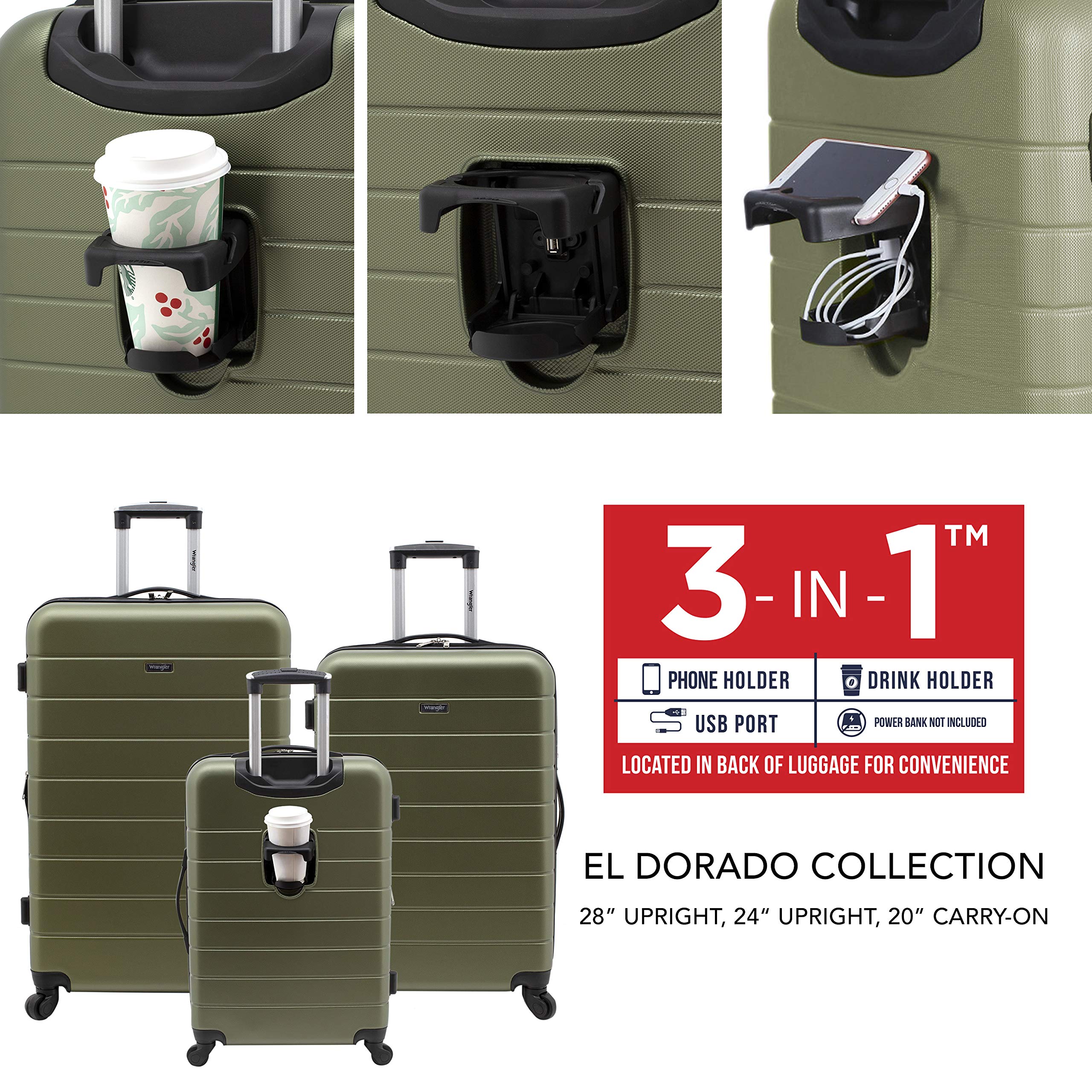 Wrangler Smart Luggage Set with Cup Holder and USB Port, Olive Green, 3 Piece