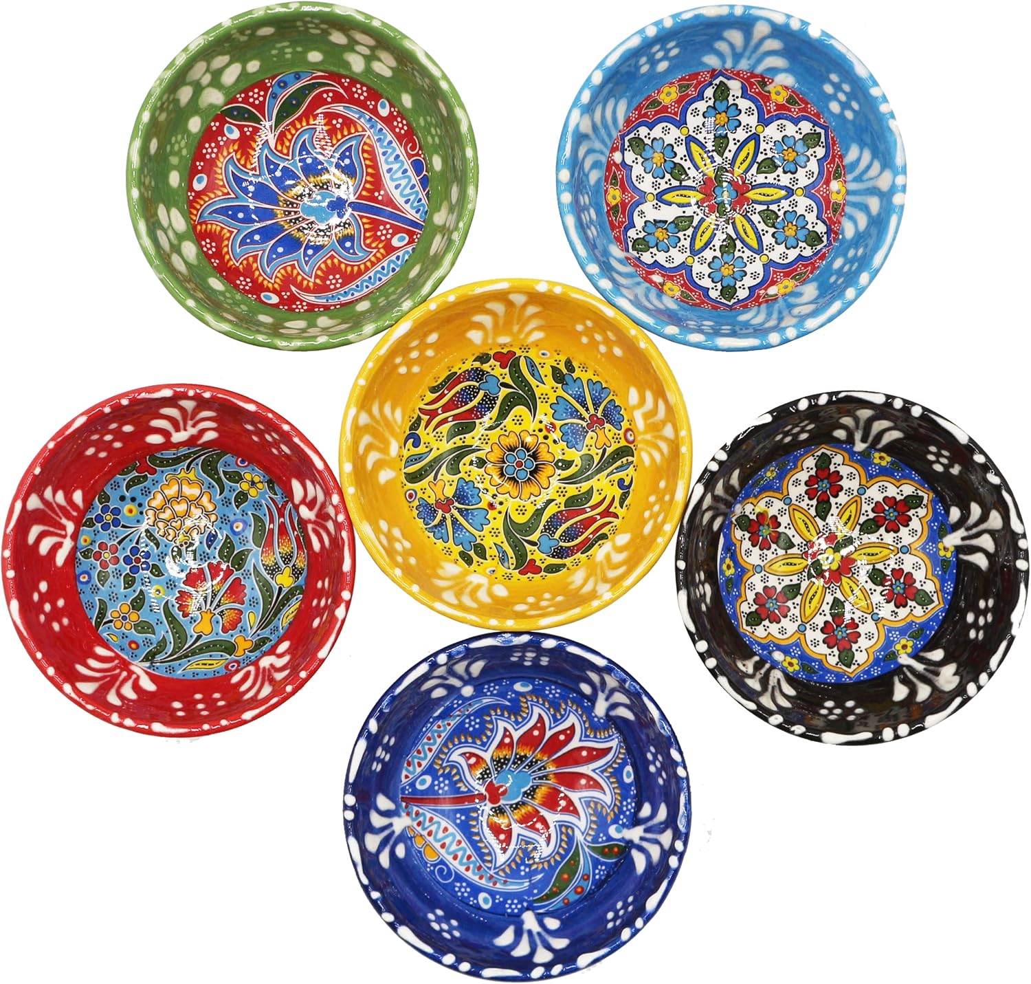 6 Pcs Hand Painted Decorative Serving Turkish Tiny Bowls - Handmade Ceramic Bowl Set of (3.3''inc/8.5cm) 2.5 Oz Pinch Multicolor Small Best Gift Set, Tulip