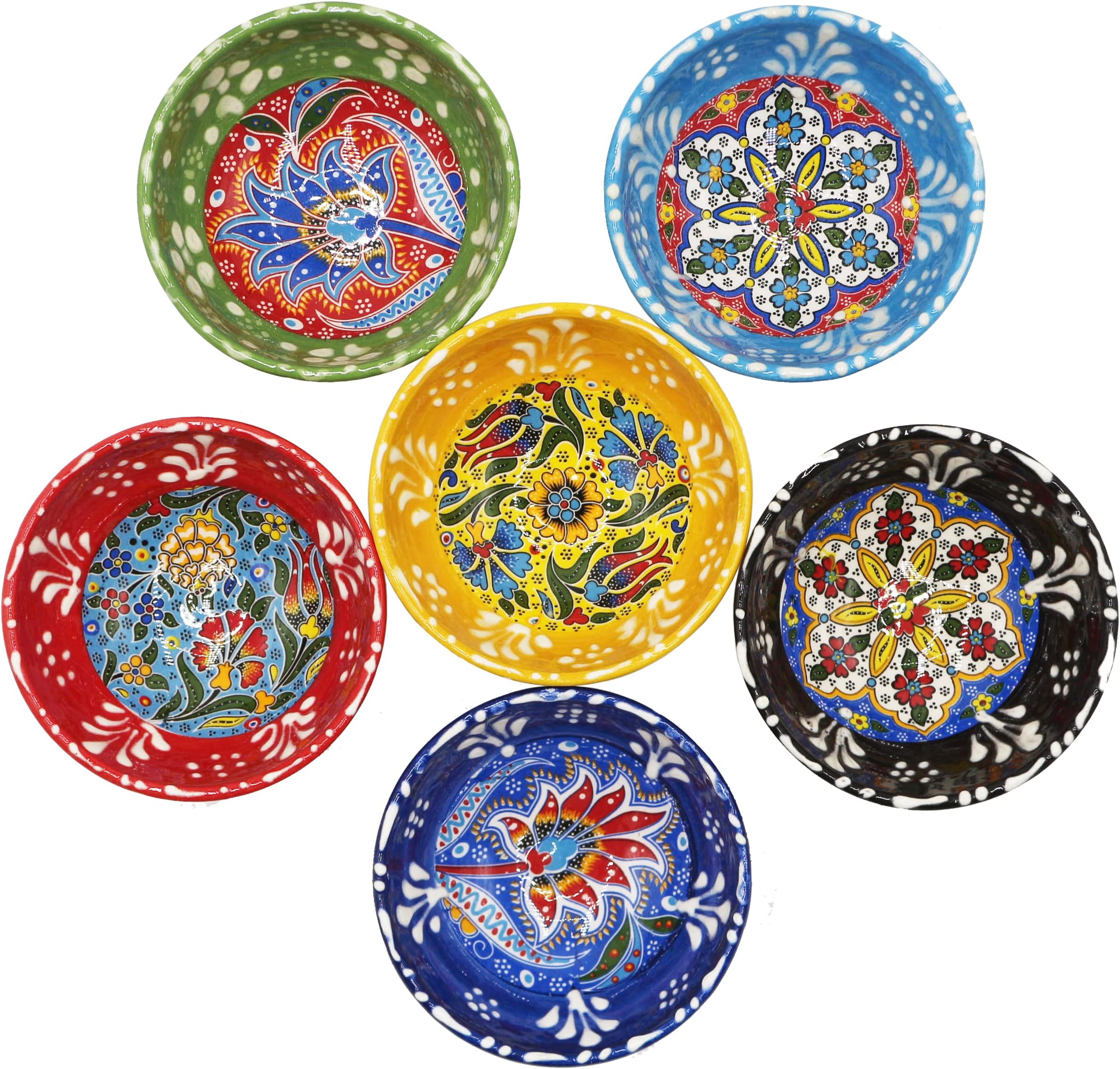 6 Pcs Hand Painted Decorative Serving Turkish Tiny Bowls - Handmade Ceramic Bowl Set of (3.3''inc/8.5cm) 2.5 Oz Pinch Multicolor Small Best Gift Set, Tulip
