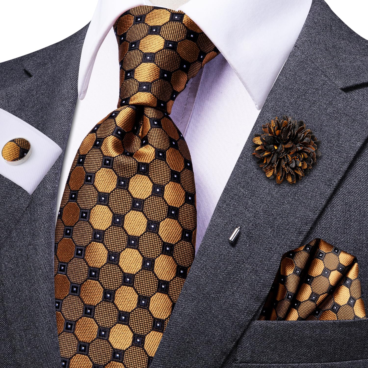 Corbata para hombre y solapa con estampado de cachemira a rayas florales para hombre, gemelos cuadrados de bolsillo, para bodas y fiestas, Negro Oro, Mediana 3