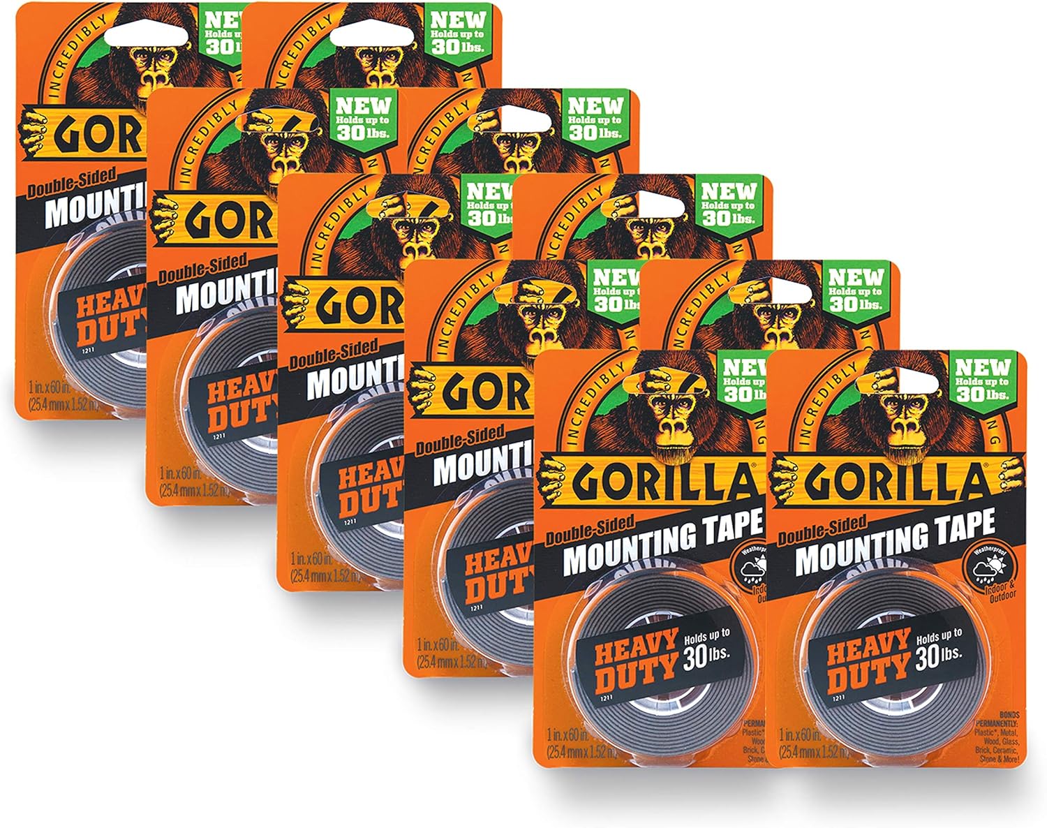Gorilla Heavy Duty Double Sided Mounting Tape, 1" x 60", Black, (Pack of 10)