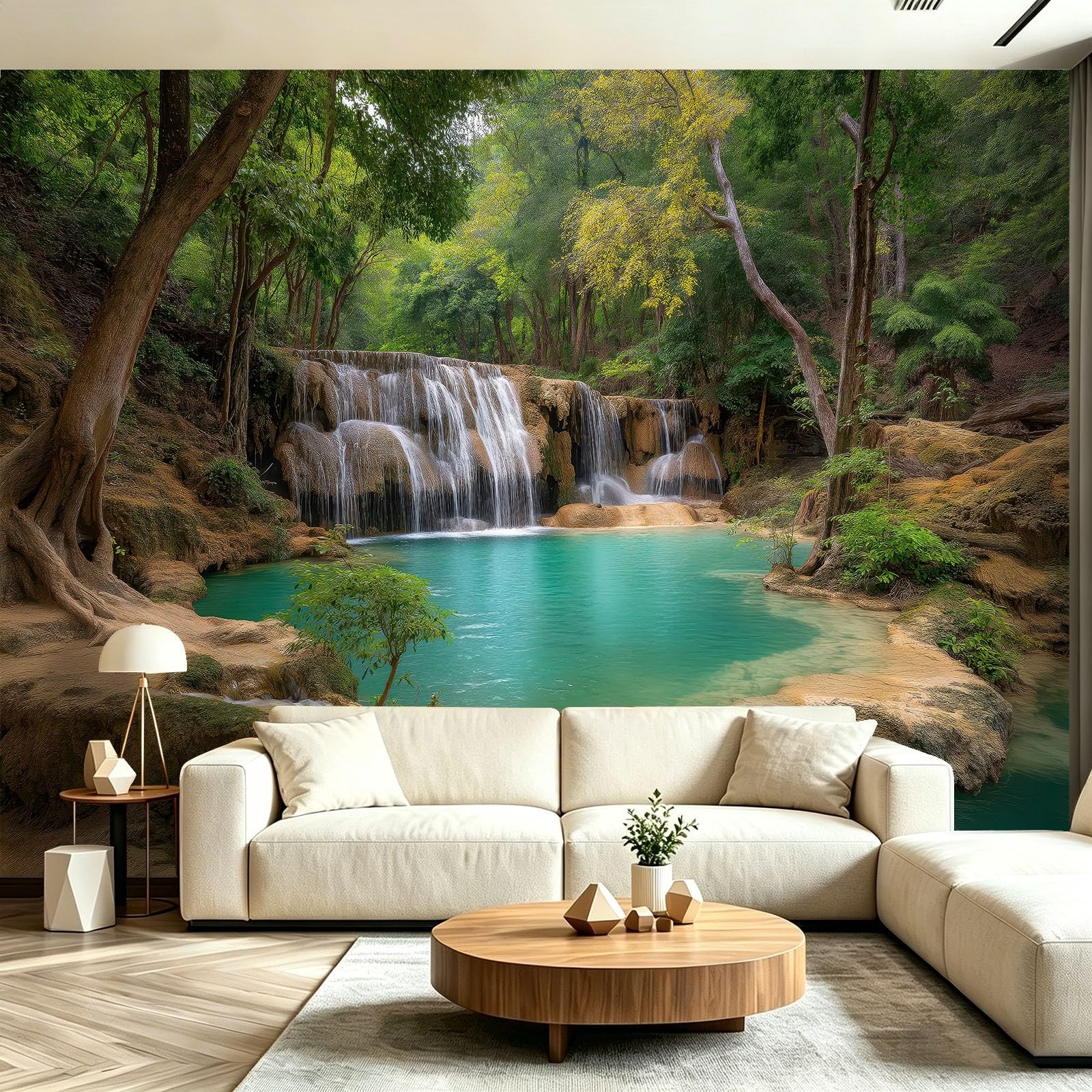 Papier peint panoramique forêt cascades pour salon et chambre enfant