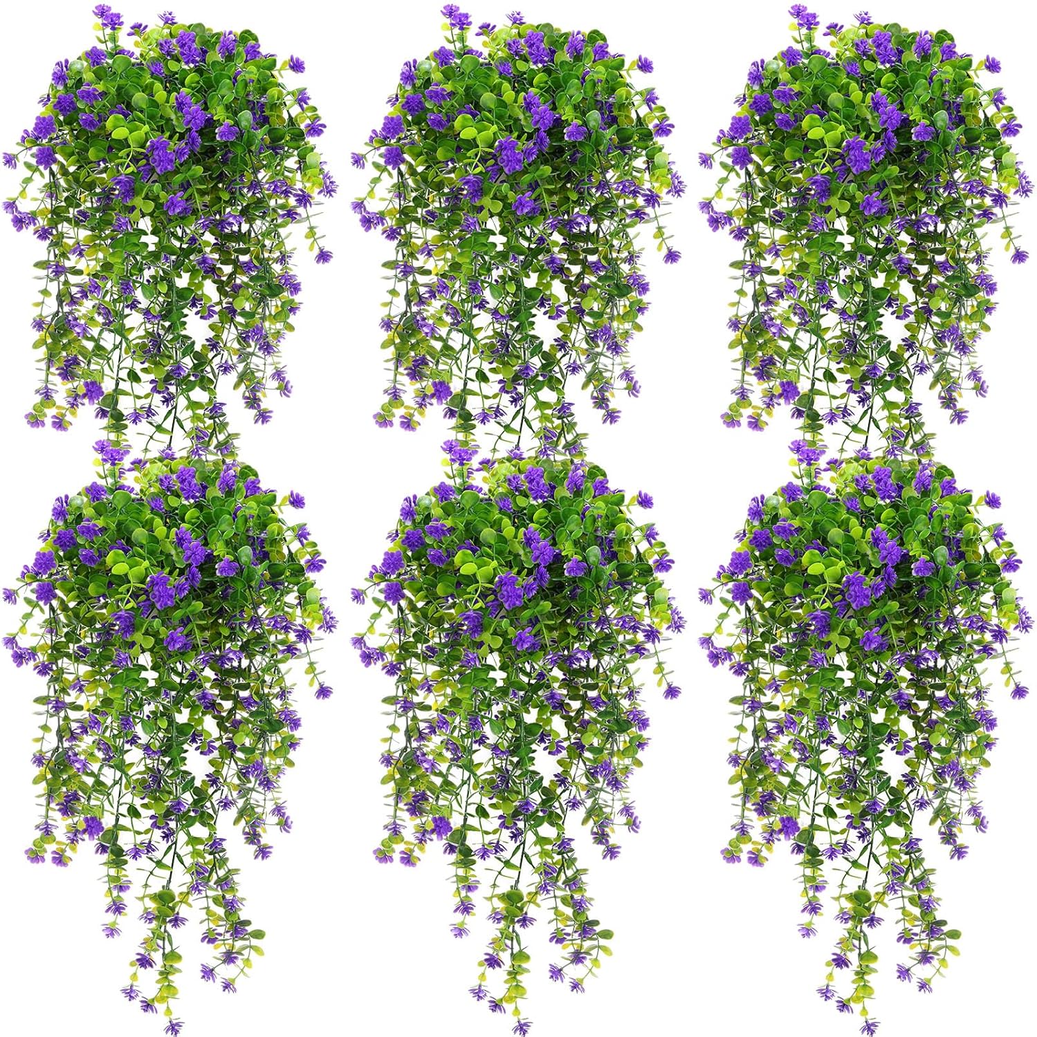 Hotop 6 Pcs Ferns Artificial Hanging Plants Vine Hanging Fake Plants Faux Ferns Indoor Outdoor Ivy Wall Decor Greenery Vine with Flower for Room Wedding Fall Decoration(Purple)