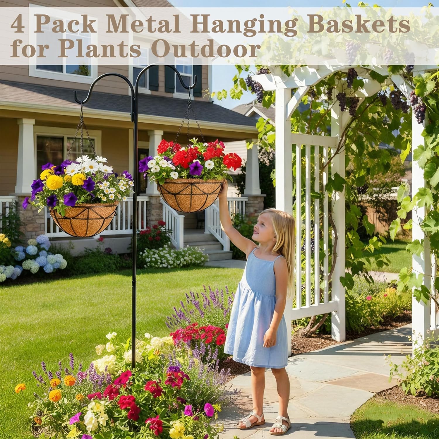 EIMQUVW 4 Pack Hanging Planters with Coconut Liner Metal Outdoor Hanging Baskets with Chains 12 Inch Durable Wire Flower Pots for Porch Garden Spring Summer Decor
