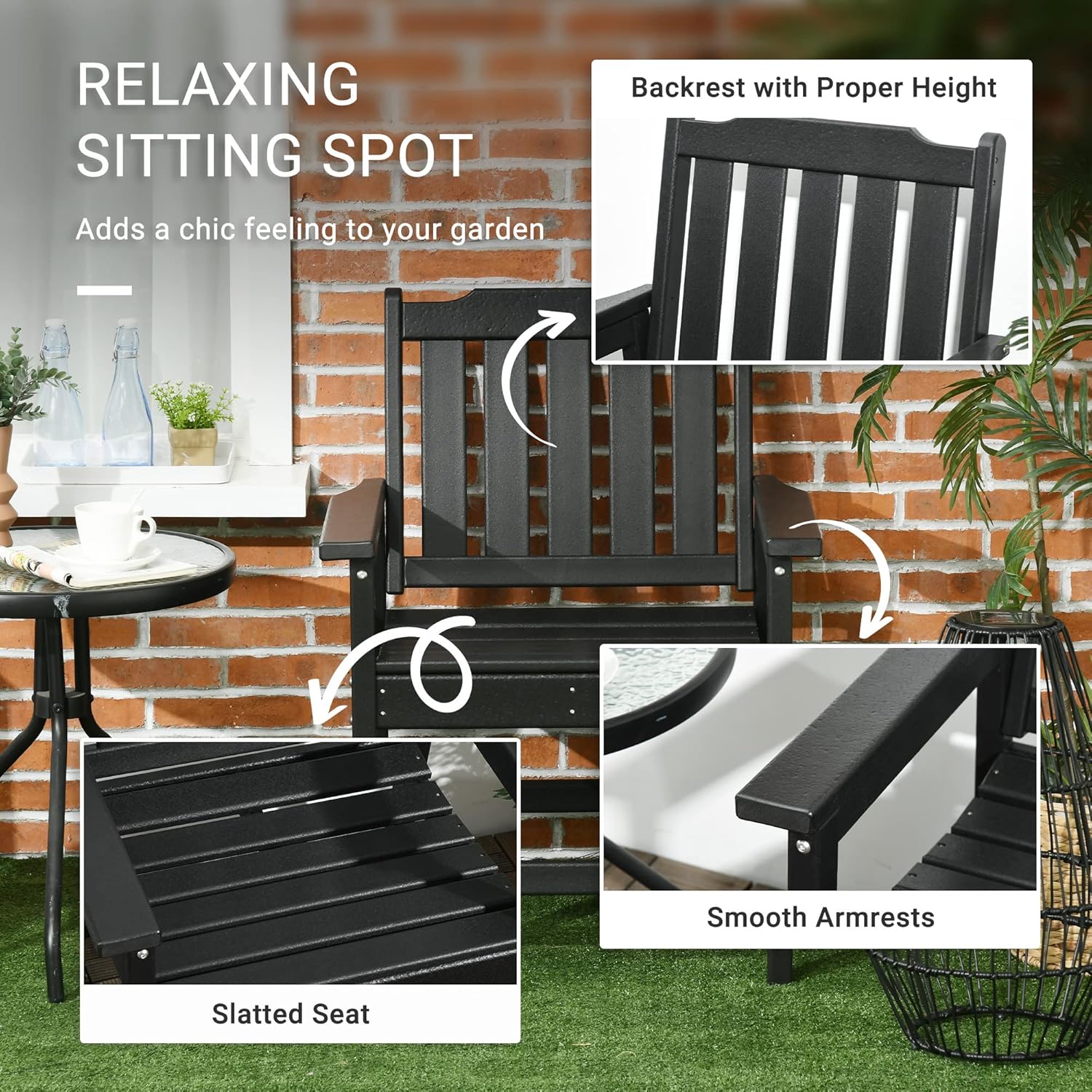 Outsunny 2 Piece HDPE Patio Furniture, Outdoor Chair Set with Armrests and Slatted Back, Garden Chair for Lawn, Poolside, Backyard, Black