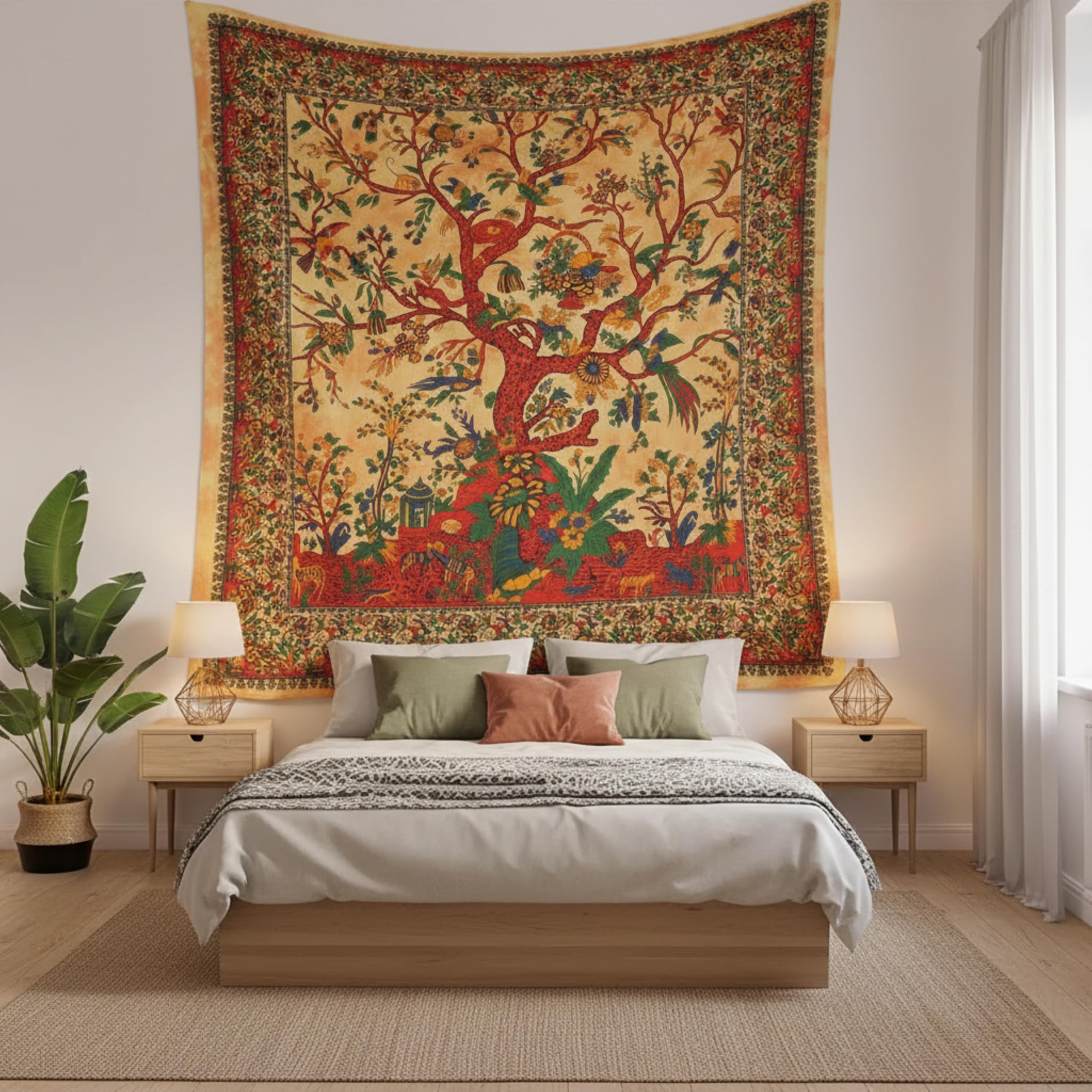 Craft Trade Tree of Life Tapestry Yellow Wall Hanging Tapestry Boho Cotton Hippie Tapestries for Decor Living Room Yoga Meditation and Bedroom - 137x213 cm
