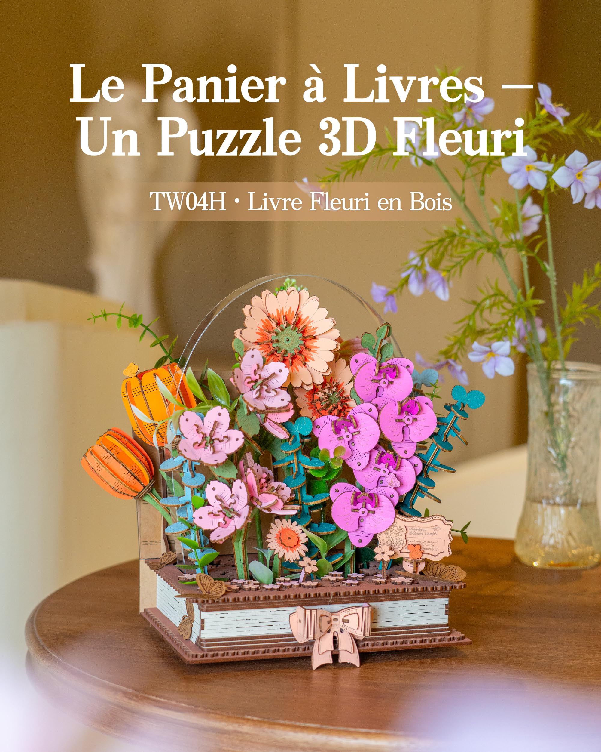 ROBOTIME Puzzle En Bois 3D Livre Fleuri, Kit Modèle Fleur Artificielle Pour Adultes, Ensemble De Construction DIY, Décoration Murale Artistique Pour Noël