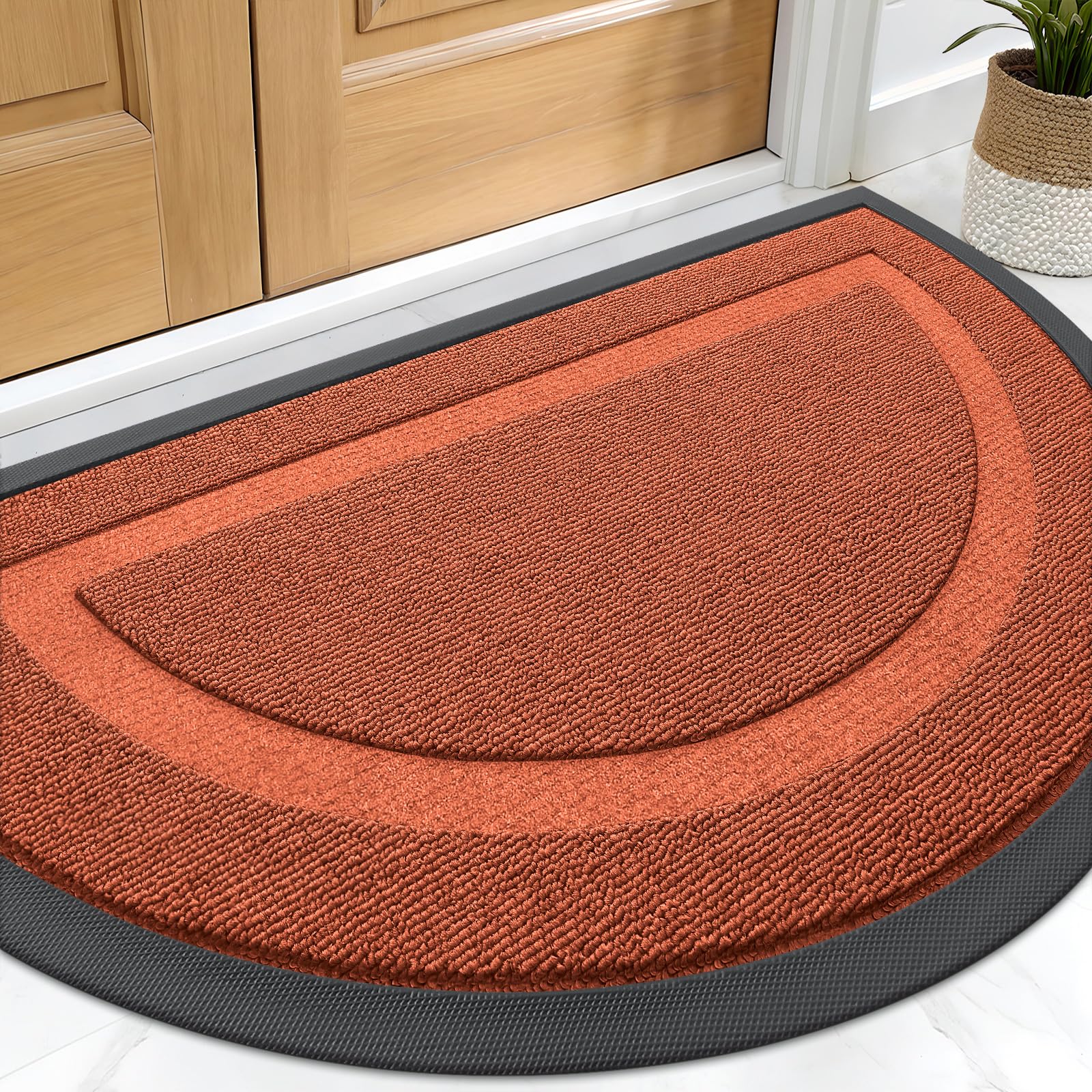 OLANLY Half Circle Front Door Mat Outside 29.5x17 All-Season Rubber Doormat | Vermillion Red, Absorbent, Heavy-Duty, Stain and Fade Resistant, Non-Slip Backing, Low-Profile Indoor Outdoor Entryway Mat