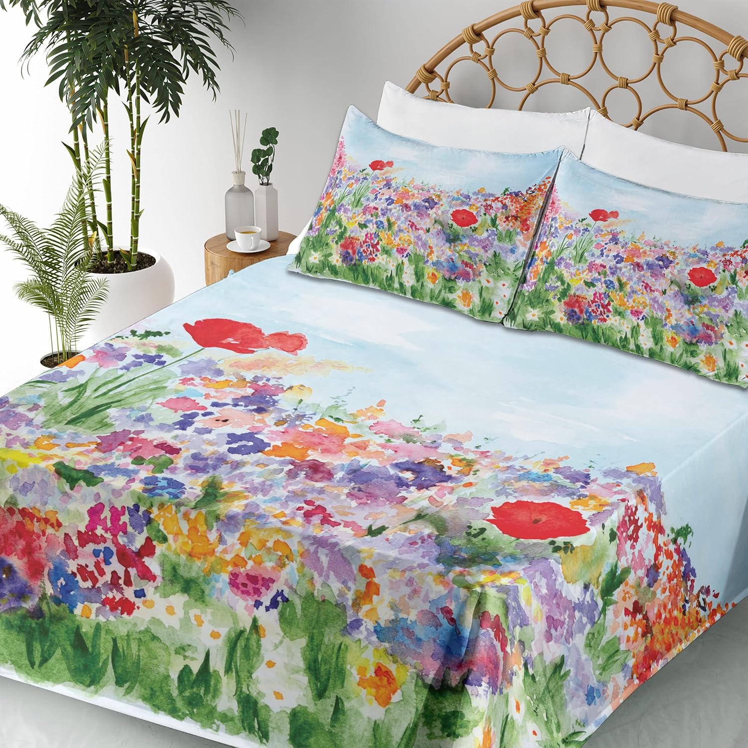 Ambesonne Watercolor Flower Sheet Set, Floral Summer Garden Grass and Blooms Love Illustration Print, Fitted and Flat Sheet with Pillowcases Bedding Accent 4 Piece Set, Full, Green Red