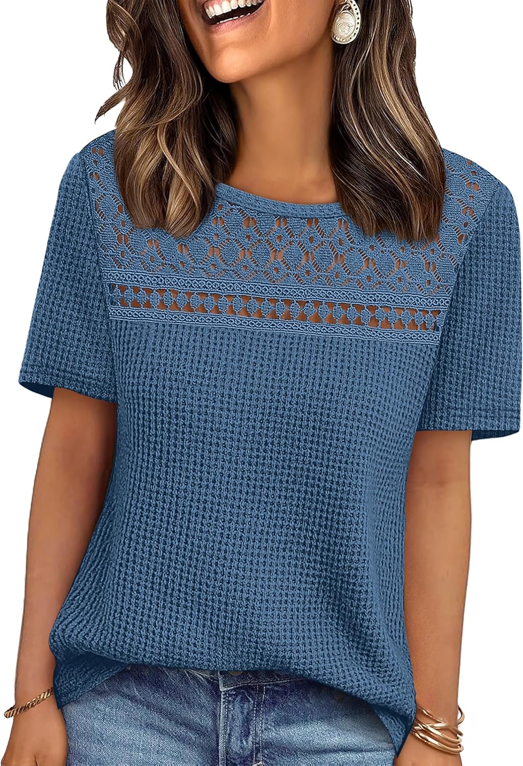 OFEEFAN Womens Tops Dressy Casual Short Sleeve Shirts Boho Crochet Lace Waffle Knit Plus Size Fashion Clothing