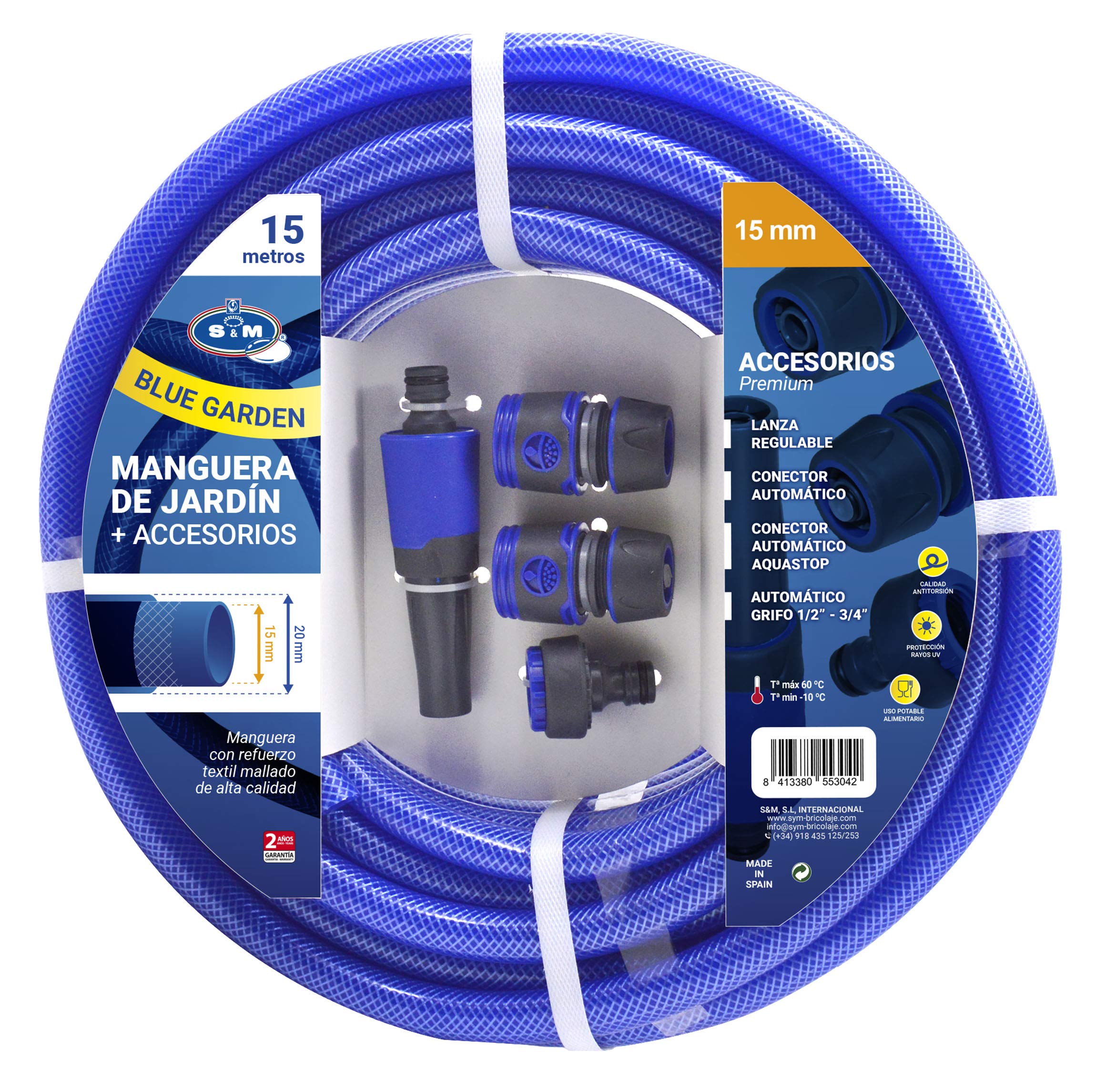 S&M 553042 553042 - Tubo Blu Rinforzato Blue Garden con Accessori (irrigazione e connettori) Rotolo 15 m Ø15 Interno x Ø20 mm (Diametro Esterno) Antipiega
