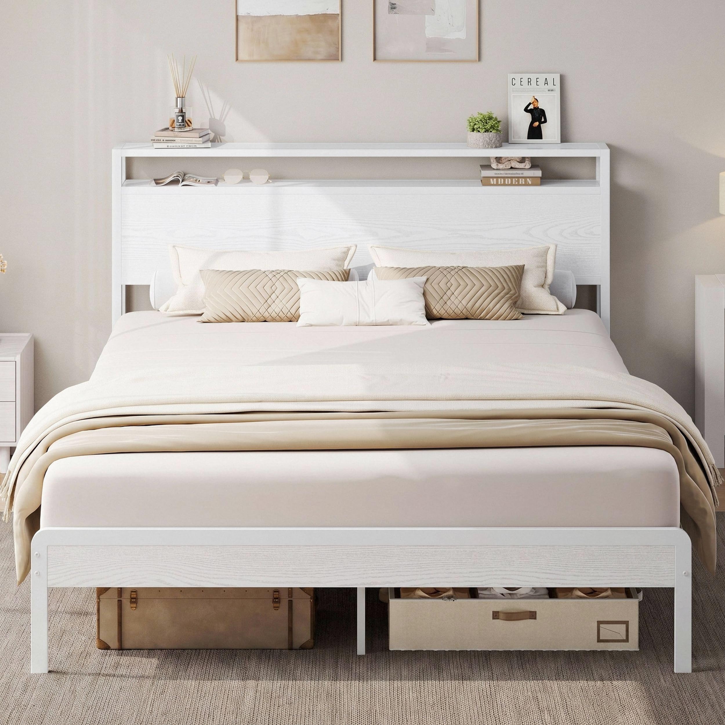 LIKIMIO Queen Bed Frame with 2-Tier Storage Shelf Headboard