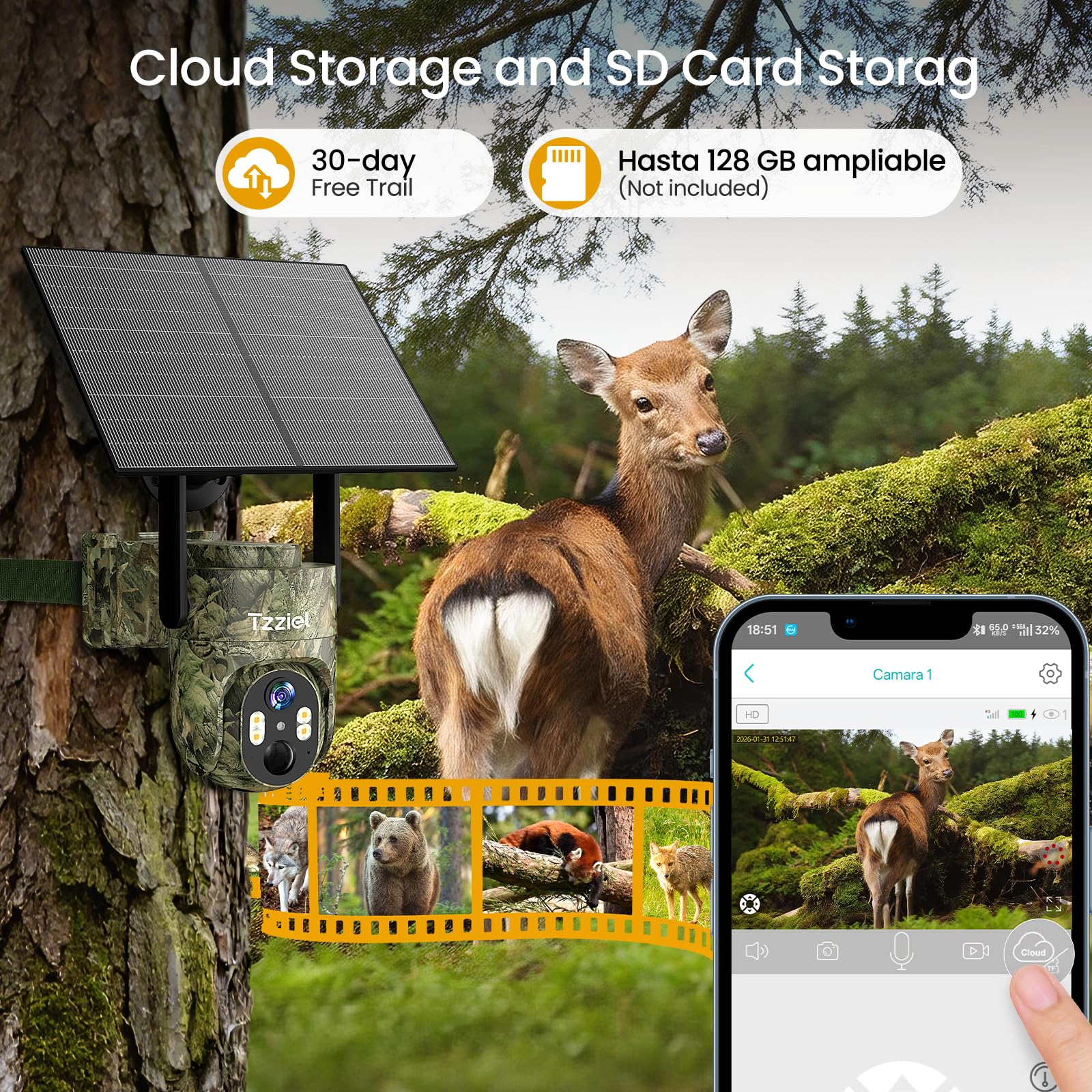 4G Camara Vigilancia Exterior Solar Sin WiFi con Tarjeta SIM, 2K PTZ Inalámbrico, 10400mAh, 6W Panel Solar, Visualización de 360 °, Detección de Movimiento, Audio Bidireccional, IP66