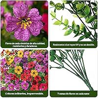 Vista 3 de HyeFlora Flores Artificiales para Exterior Interior Jardín Decoración del Hogar, Flor Falsa Margarita con Hojas de Eucalipto Plantas Falsas, 6