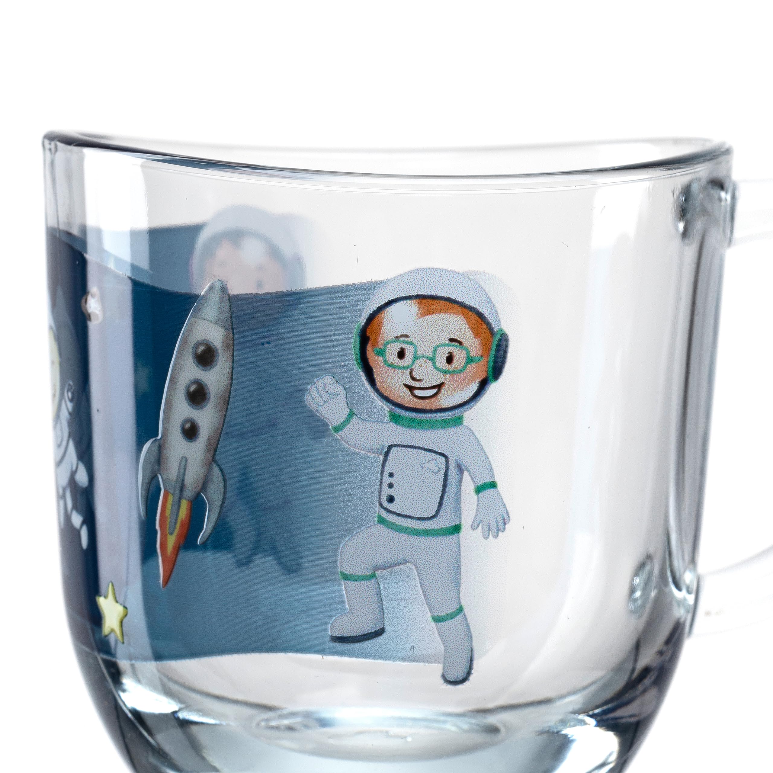 LEONARDO Bambini Avventura - Juego de 6 tazas infantiles con diseño de cristal de paredes gruesas, capacidad 280 ml, apto para lavavajillas, microondas, resistente, juego de 6 con diseño del espacio