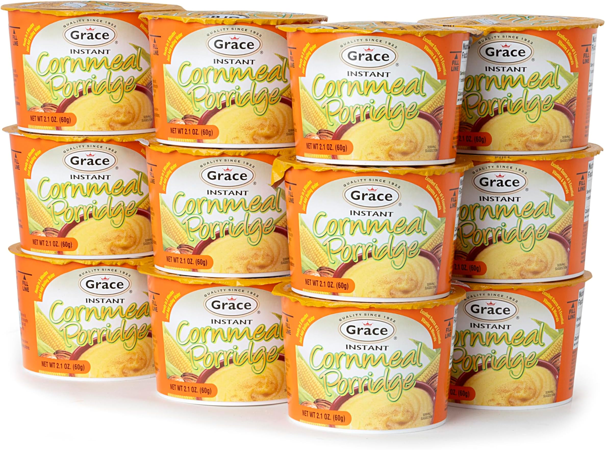 Grace Instant Cornmeal Porridge 12 Pack- 2.1oz Each - Jamaican Hot Cereal - Quick Breakfast Mix - Ready in Minutes