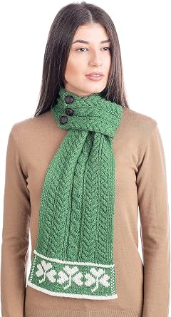 SAOL - St Patricks Day - Ladies Loop Aran Scarf - 100% Merion Wool with Green Shamrock
