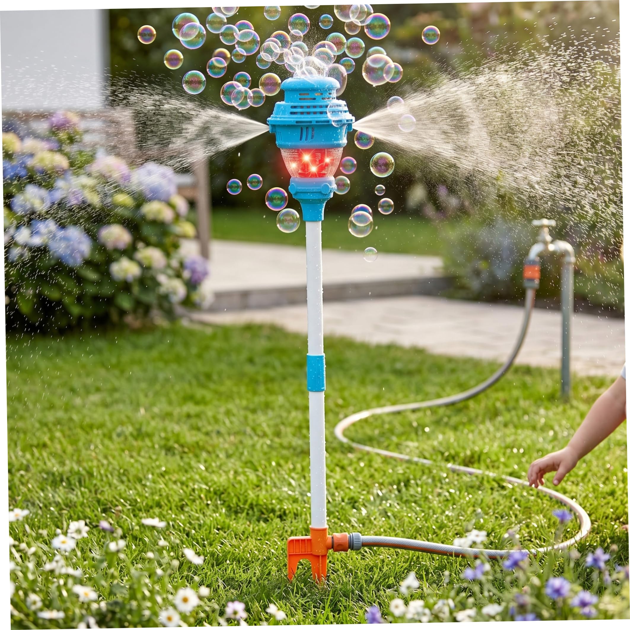 Torre de Burbujas, máquina de Burbujas 2 en 1 y Juguete pulverizador, Soporte para farola con Luces y Sonidos Suaves, Altura Ajustable para niños, Azul, 36, 22-40, 94 Pulgadas, máquina