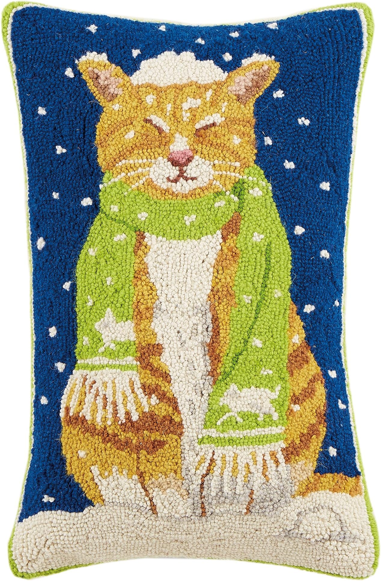 Peking Handicraft Cat with Scarf Hook Wool Lumbar Pillow, Multicolored